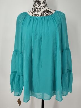 JM Collection Turquoise Boho Peasant Long Sleeve Blouse Women's Large